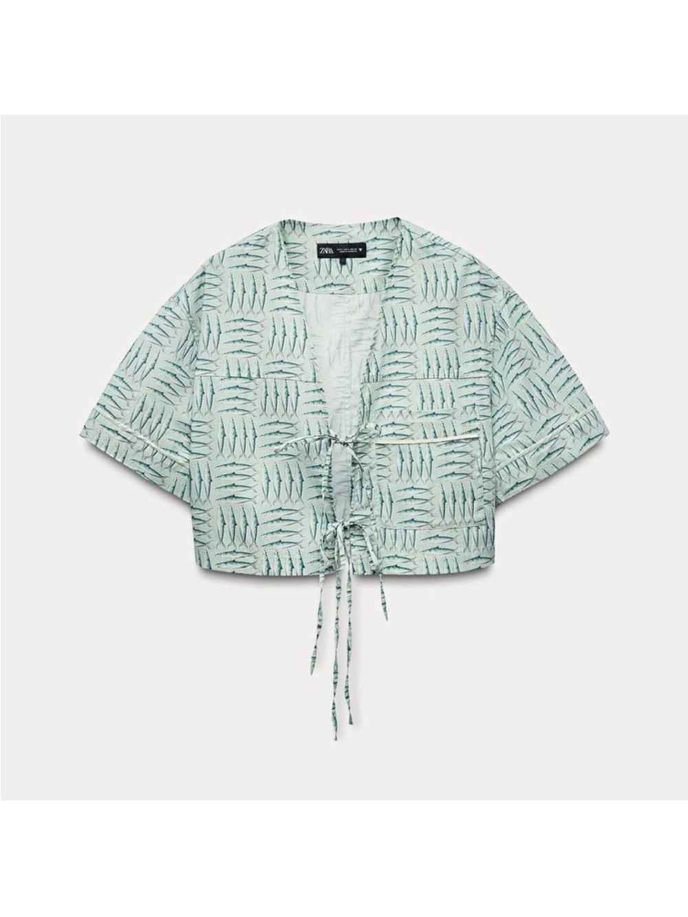 Zara Mint Green Patterned Tie-Front Crop Top